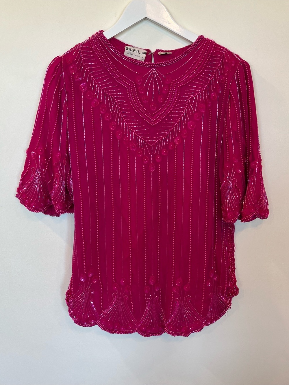 Vintage Scala Silk Chiffon Sheer Blouse Pink Beaded Sequin 3/4 Sleeve Size small